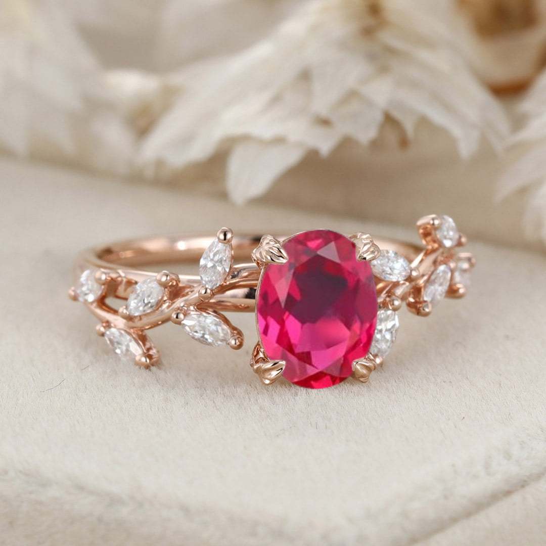 Unique Oval Cut Lab-Grown Ruby Engagement Ring 14K Solid Gold Ring Branch Marquise Moissanite Cluster Ring