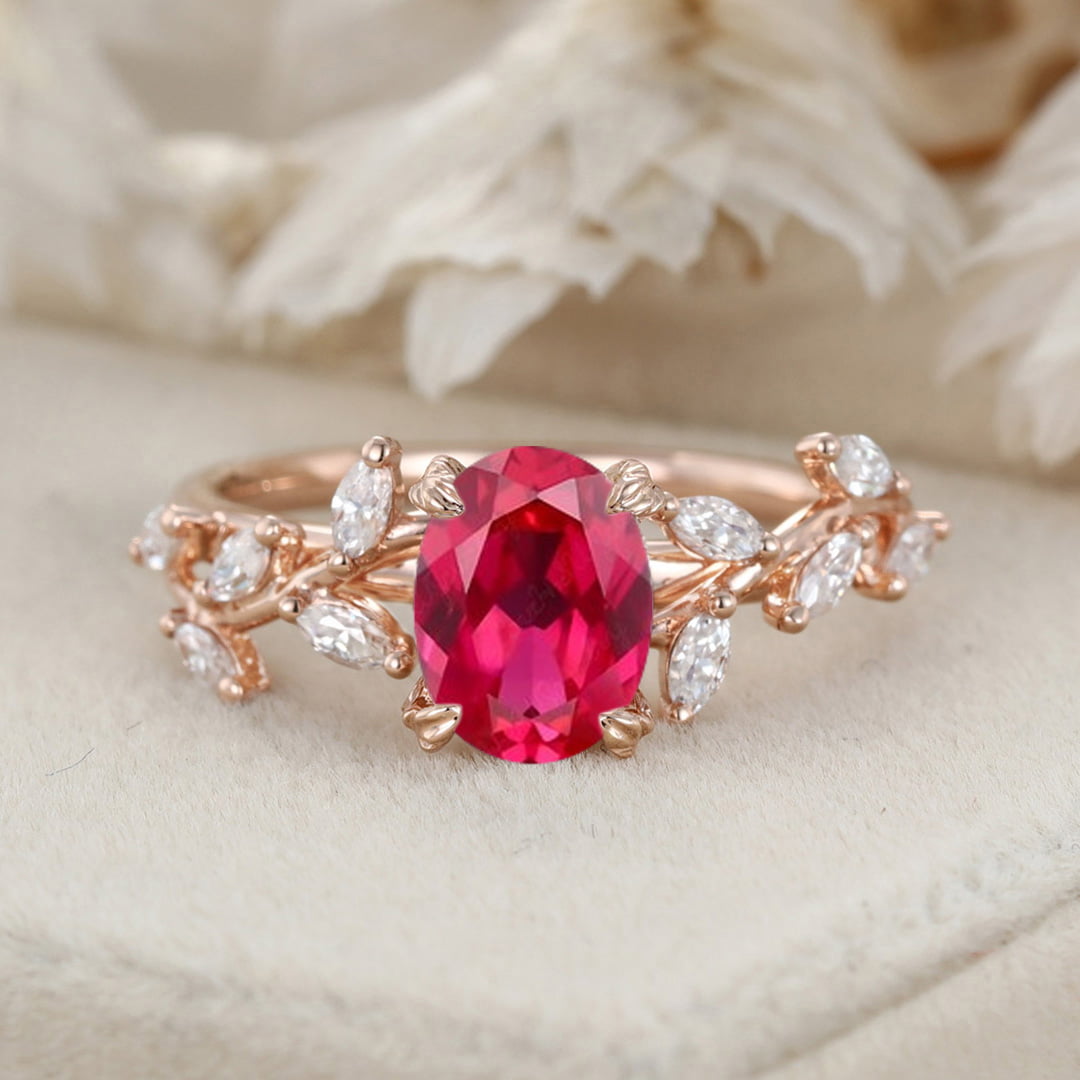 Unique Oval Cut Lab-Grown Ruby Engagement Ring 14K Solid Gold Ring Branch Marquise Moissanite Cluster Ring
