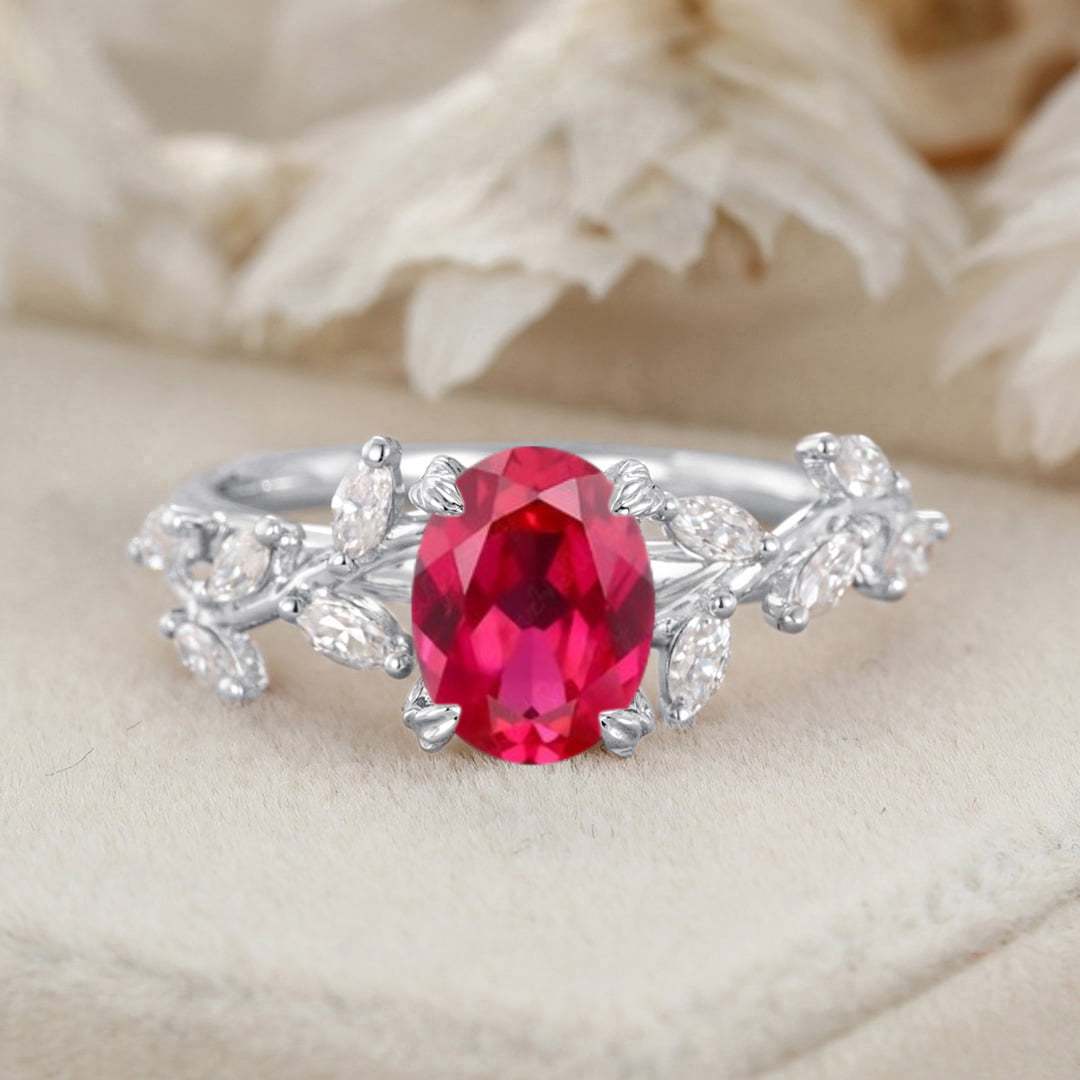 Unique Oval Cut Lab-Grown Ruby Engagement Ring 14K Solid Gold Ring Branch Marquise Moissanite Cluster Ring