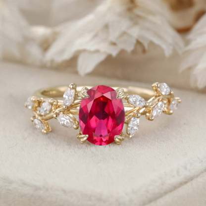 Unique Oval Cut Lab-Grown Ruby Engagement Ring 14K Solid Gold Ring Branch Marquise Moissanite Cluster Ring