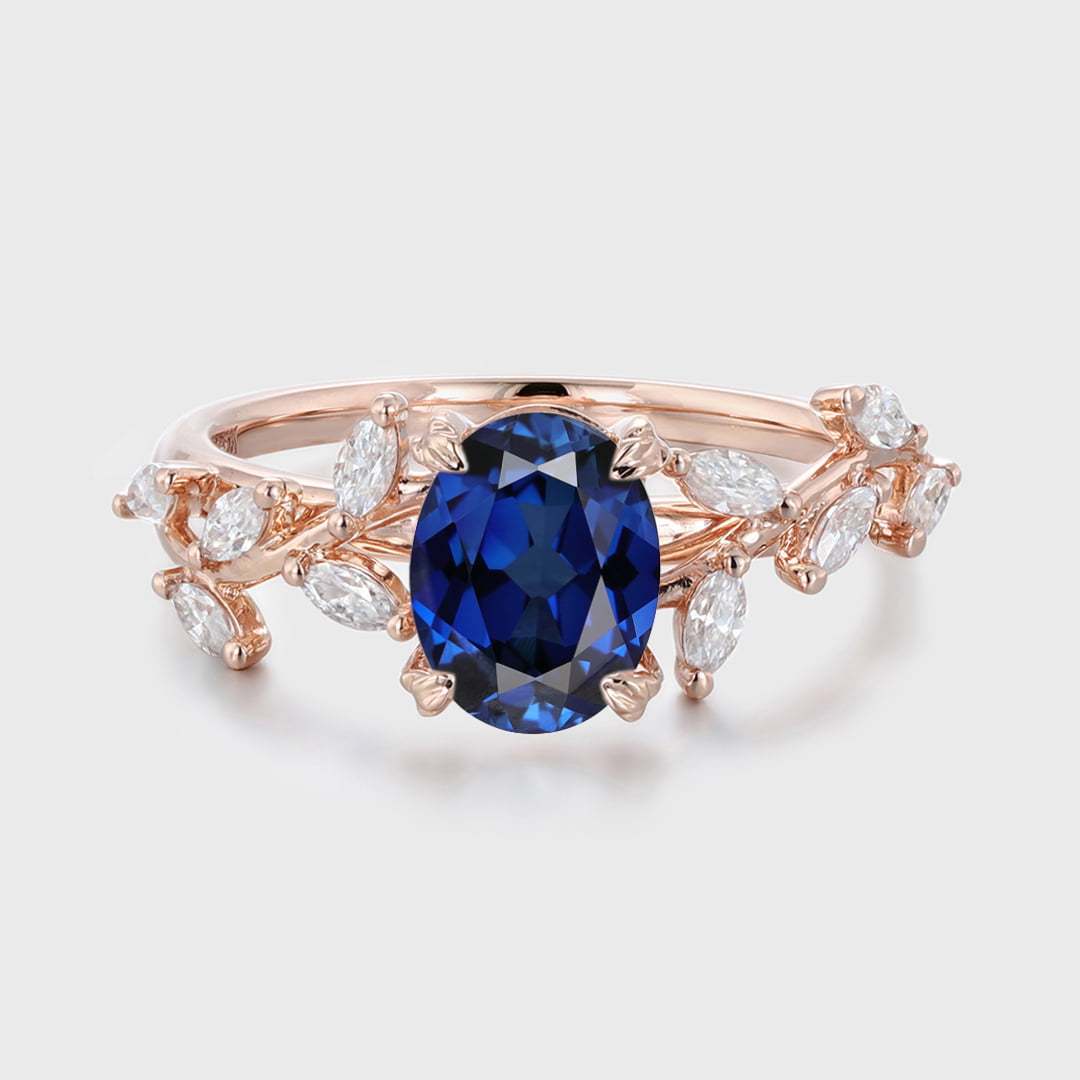Unique Oval Cut Lab-Grown Sapphire Engagement Ring 14K Solid Gold Ring Branch Marquise Moissanite Cluster Ring