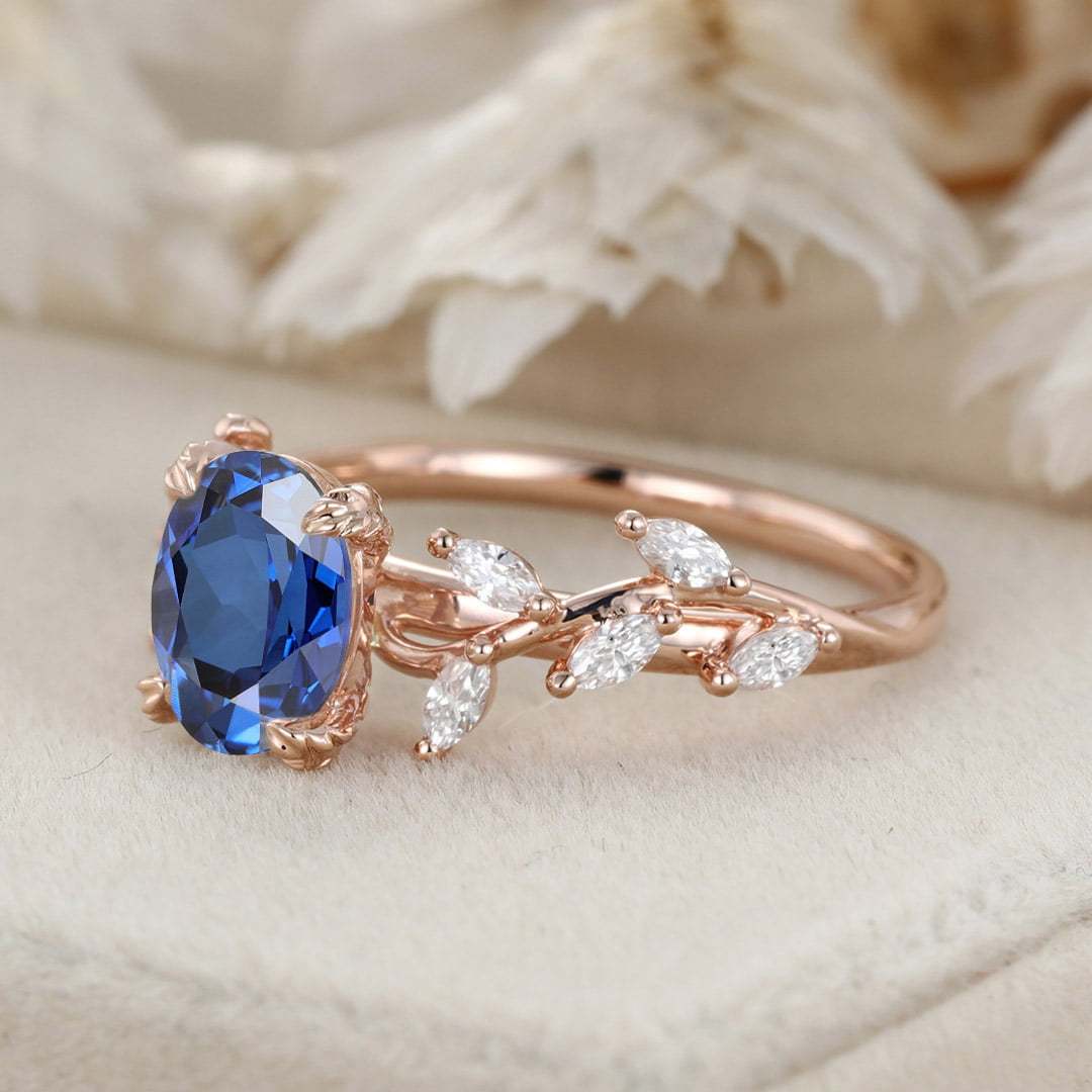 Unique Oval Cut Lab-Grown Sapphire Engagement Ring 14K Solid Gold Ring Branch Marquise Moissanite Cluster Ring