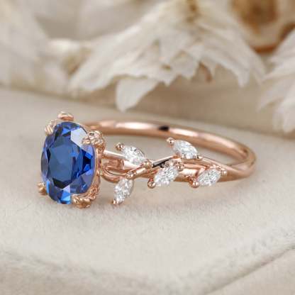 Unique Oval Cut Lab-Grown Sapphire Engagement Ring 14K Solid Gold Ring Branch Marquise Moissanite Cluster Ring