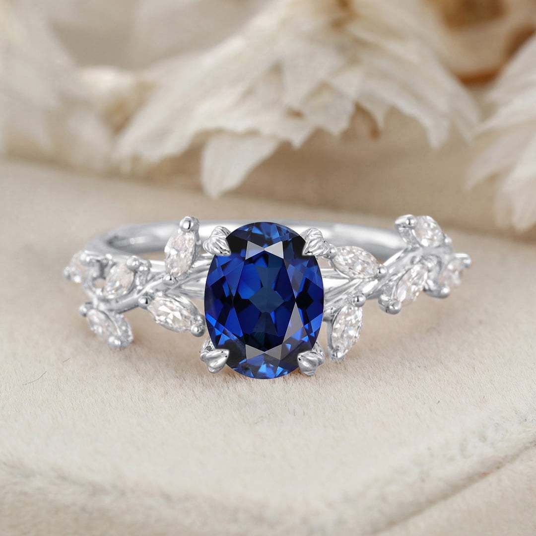 Unique Oval Cut Lab-Grown Sapphire Engagement Ring 14K Solid Gold Ring Branch Marquise Moissanite Cluster Ring
