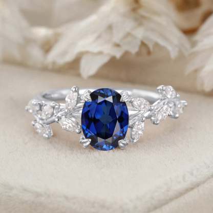 Unique Oval Cut Lab-Grown Sapphire Engagement Ring 14K Solid Gold Ring Branch Marquise Moissanite Cluster Ring