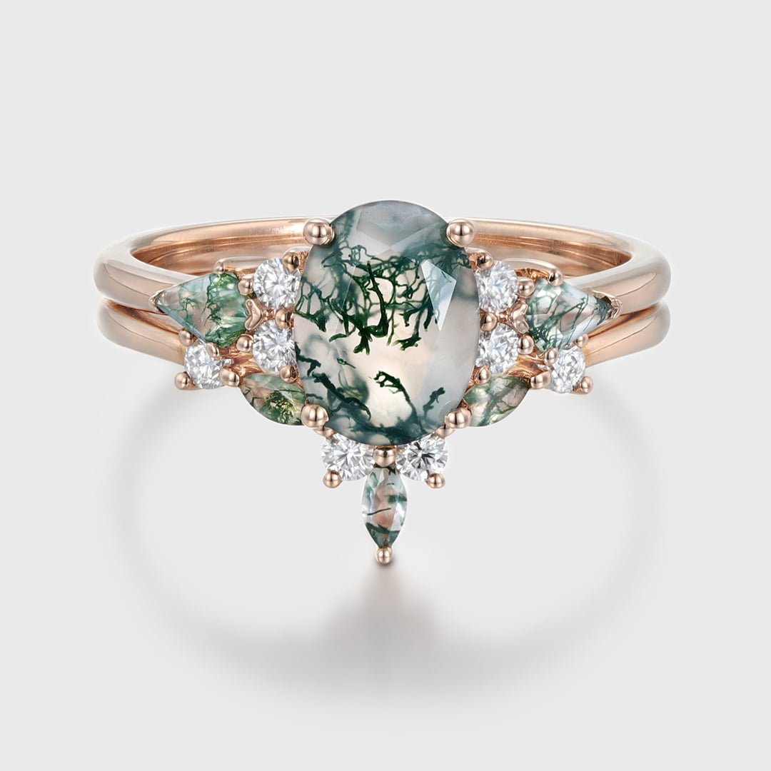 Unique Oval Cut Moss agate engagement ring set vintage Rose gold Moissanite engagement ring marquise art deco ring Bridal set Anniversary