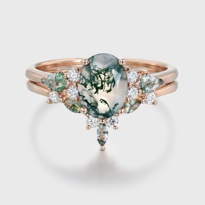 Unique Oval Cut Moss agate engagement ring set vintage Rose gold Moissanite engagement ring marquise art deco ring Bridal set Anniversary