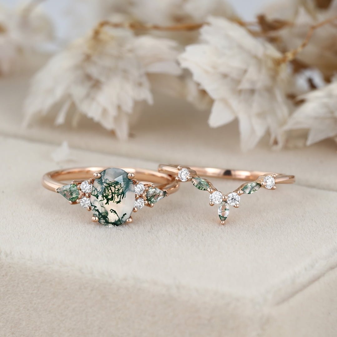 Unique Oval Cut Moss agate engagement ring set vintage Rose gold Moissanite engagement ring marquise art deco ring Bridal set Anniversary