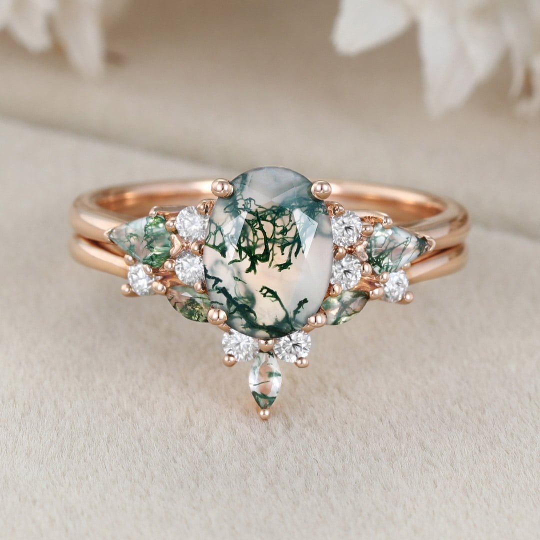 Unique Oval Cut Moss agate engagement ring set vintage Rose gold Moissanite engagement ring marquise art deco ring Bridal set Anniversary