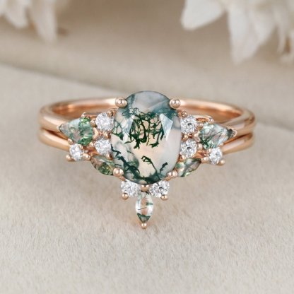 Unique Oval Cut Moss agate engagement ring set vintage Rose gold Moissanite engagement ring marquise art deco ring Bridal set Anniversary