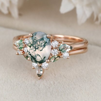 Unique Oval Cut Moss agate engagement ring set vintage Rose gold Moissanite engagement ring marquise art deco ring Bridal set Anniversary