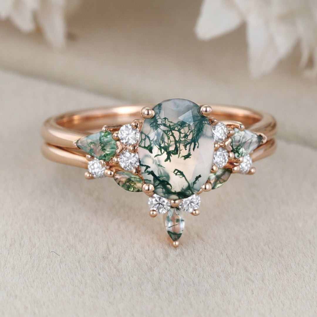 Unique Oval Cut Moss agate engagement ring set vintage Rose gold Moissanite engagement ring marquise art deco ring Bridal set Anniversary