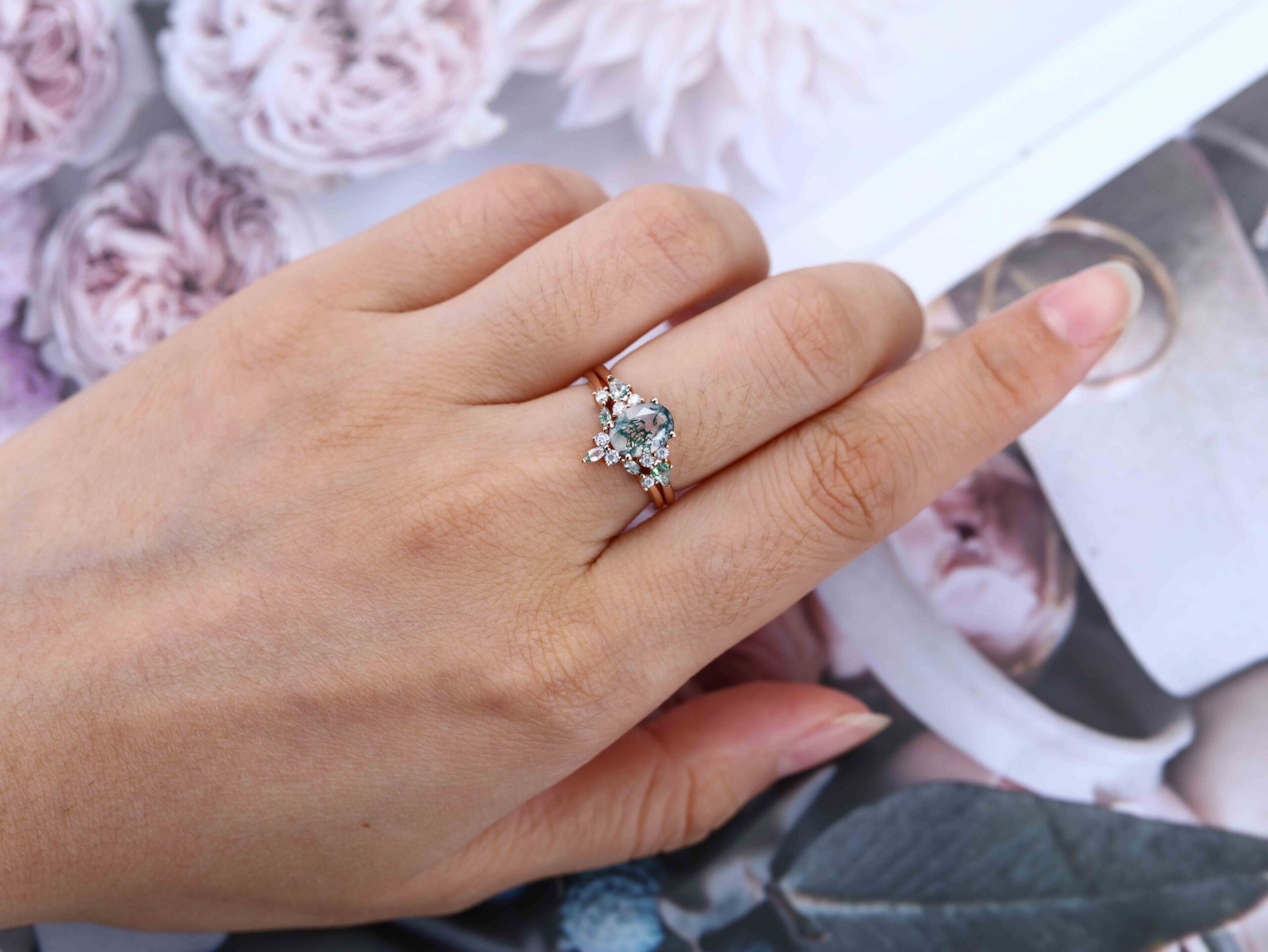 Unique Oval Cut Moss agate engagement ring set vintage Rose gold Moissanite engagement ring marquise art deco ring Bridal set Anniversary