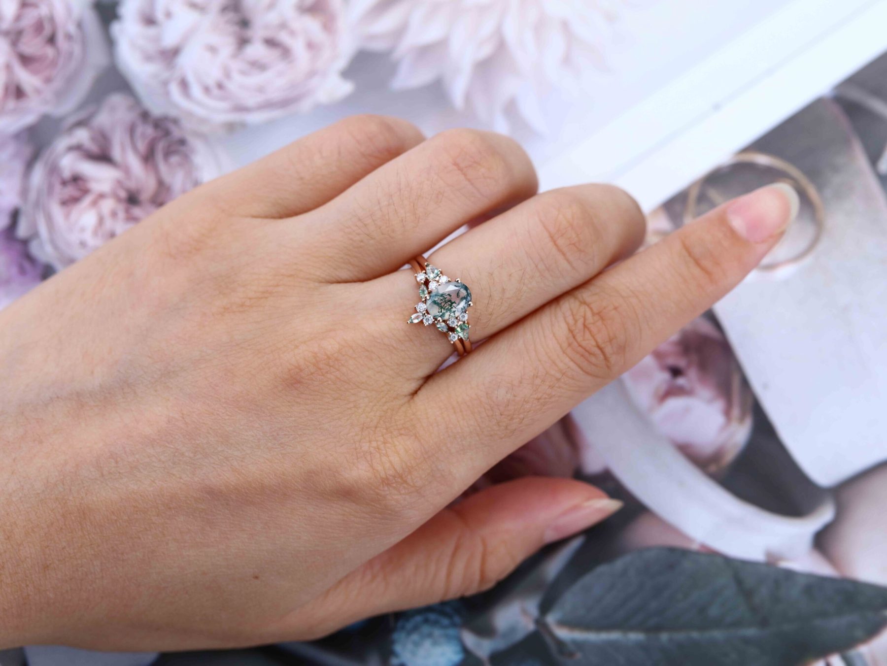 Unique Oval Cut Moss agate engagement ring set vintage Rose gold Moissanite engagement ring marquise art deco ring Bridal set Anniversary
