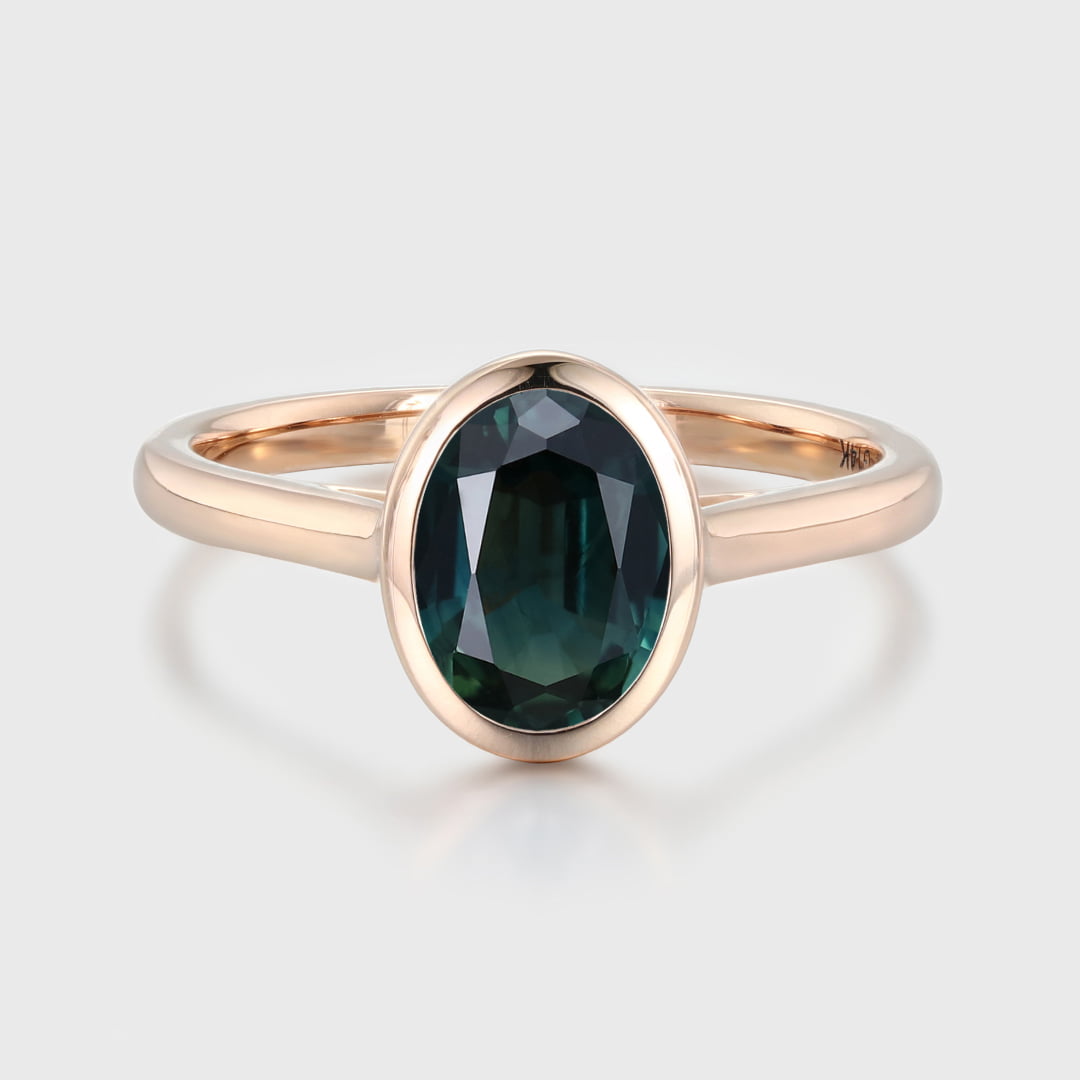 Unique Oval Cut bezel Lab Blue green sapphire engagement ring Solid 14k Rose gold ring Bezel solitaire ring Bridal ring Anniversary ring