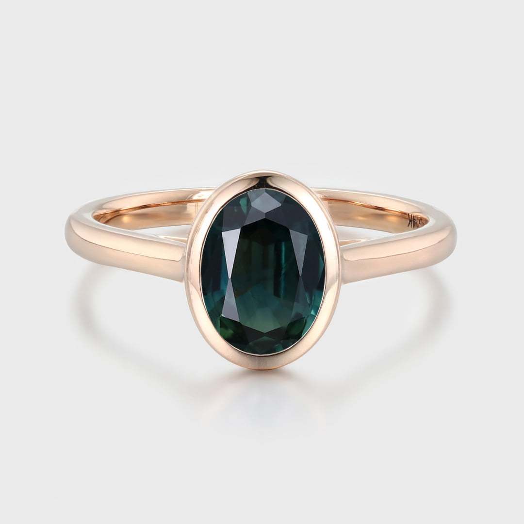 Unique Oval Cut bezel Lab Blue green sapphire engagement ring Solid 14k Rose gold ring Bezel solitaire ring Bridal ring Anniversary ring