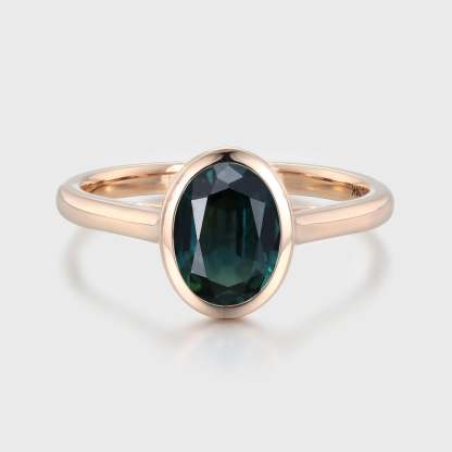 Unique Oval Cut bezel Lab Blue green sapphire engagement ring Solid 14k Rose gold ring Bezel solitaire ring Bridal ring Anniversary ring