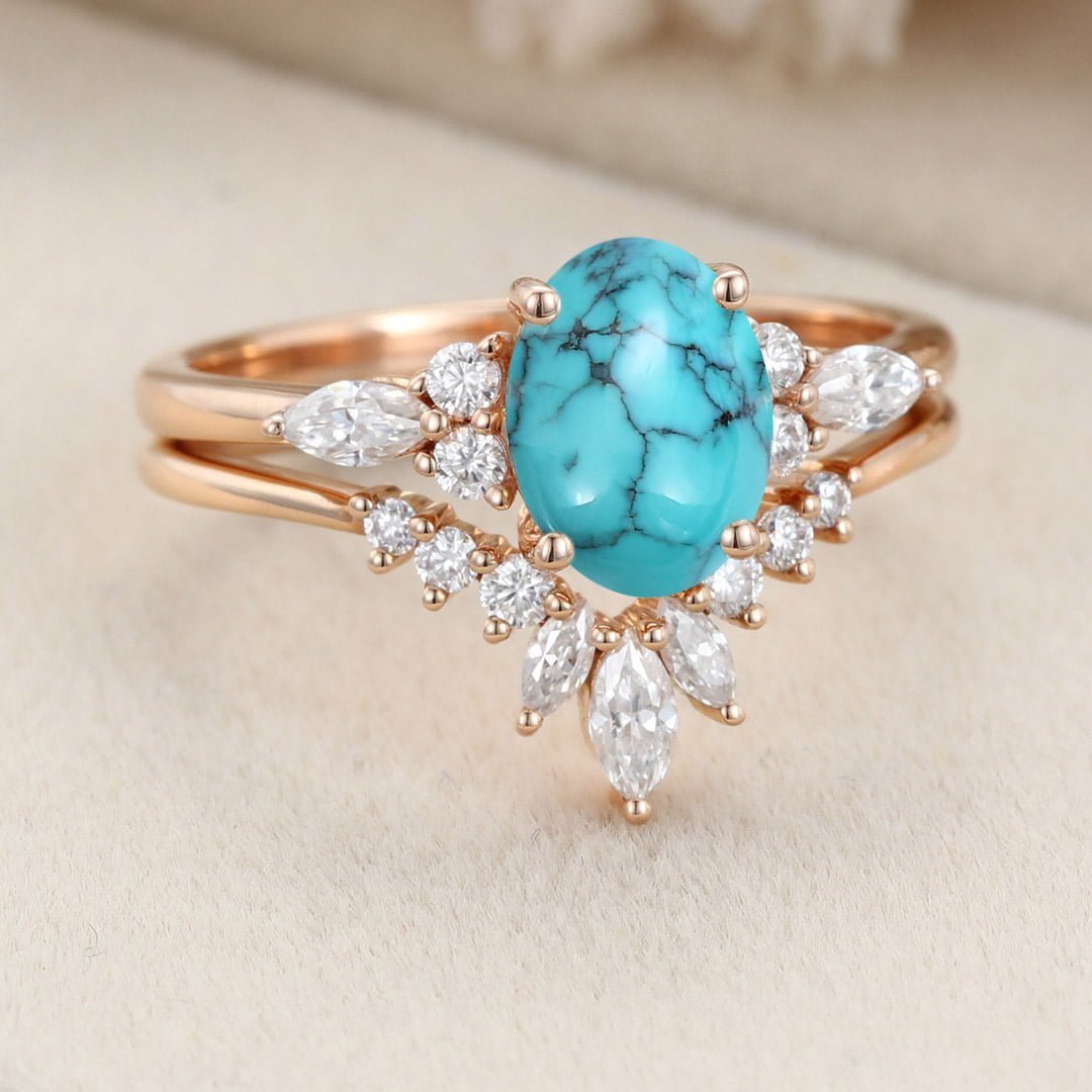 Unique Oval Turquoise engagement ring set Vintage Moissanite engagement ring Rose gold cluster ring Bridal Promise Anniversary gift