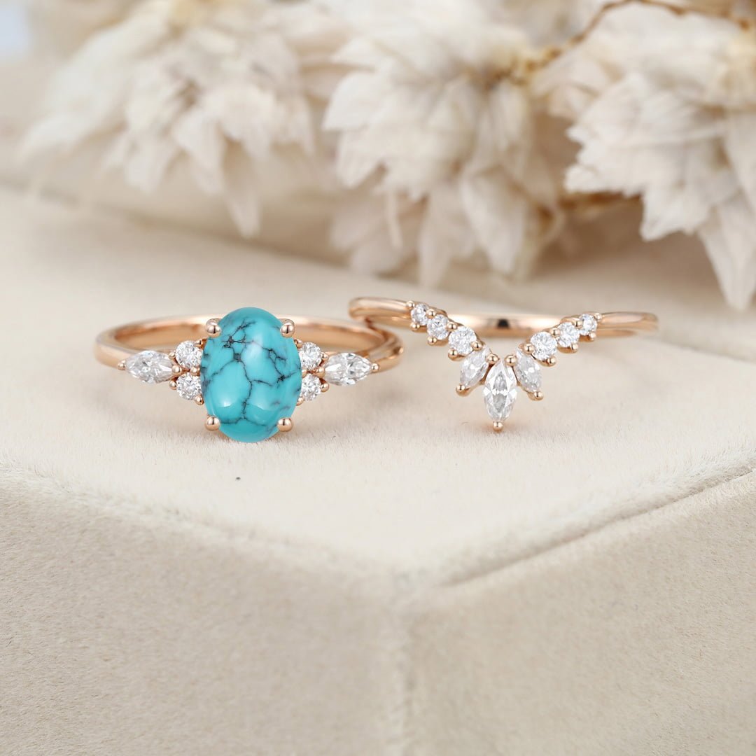 Unique Oval Turquoise engagement ring set Vintage Moissanite engagement ring Rose gold cluster ring Bridal Promise Anniversary gift