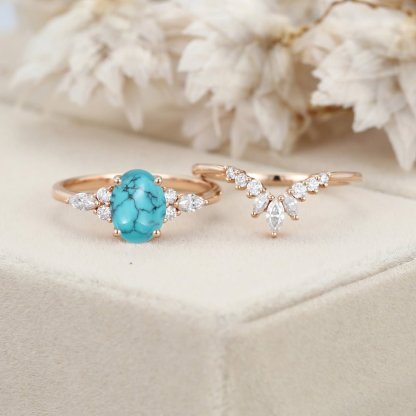 Unique Oval Turquoise engagement ring set Vintage Moissanite engagement ring Rose gold cluster ring Bridal Promise Anniversary gift
