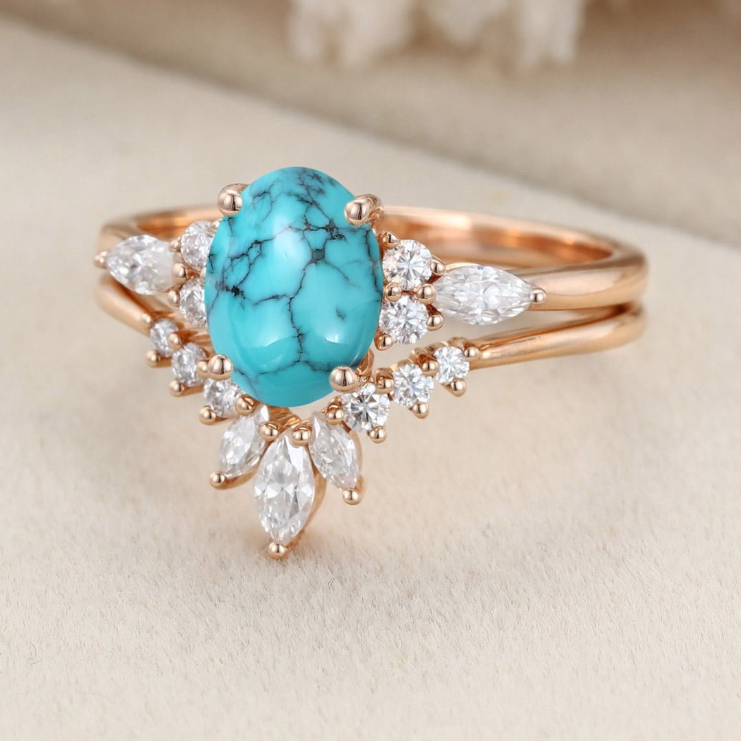 Unique Oval Turquoise engagement ring set Vintage Moissanite engagement ring Rose gold cluster ring Bridal Promise Anniversary gift