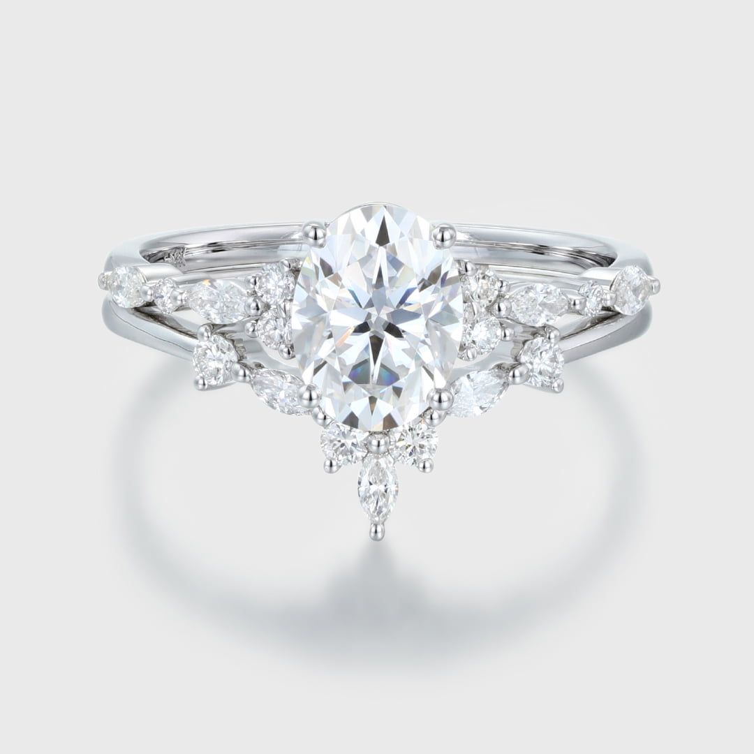 Unique Oval moissanite engagement ring set White gold engagement ring Vintage marquise cluster diamond ring Bridal Promise Anniversary