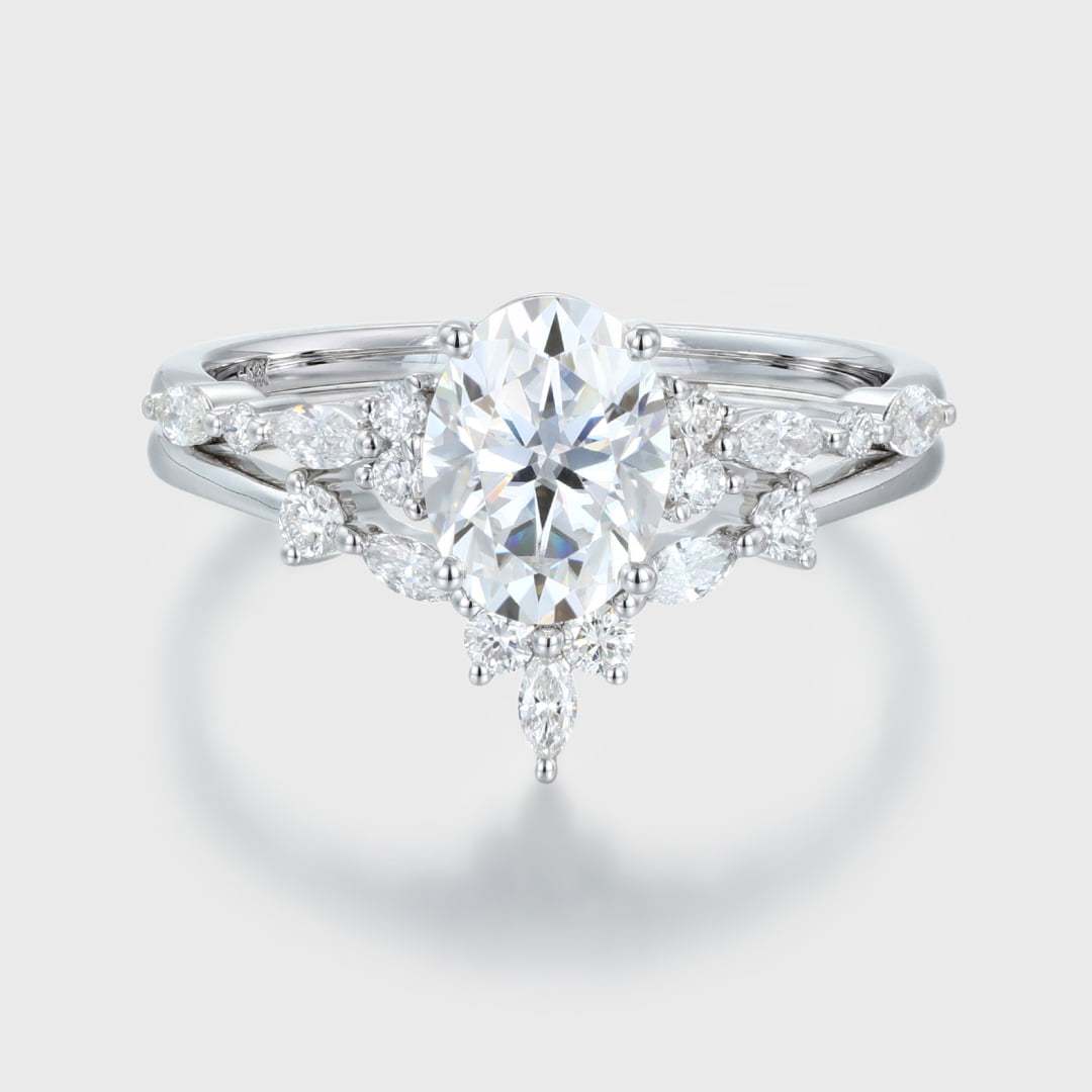 Unique Oval moissanite engagement ring set White gold engagement ring Vintage marquise cluster diamond ring Bridal Promise Anniversary