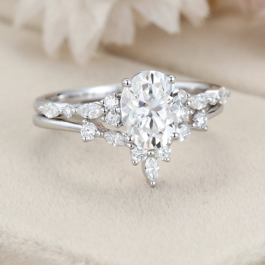 Unique Oval moissanite engagement ring set White gold engagement ring Vintage marquise cluster diamond ring Bridal Promise Anniversary