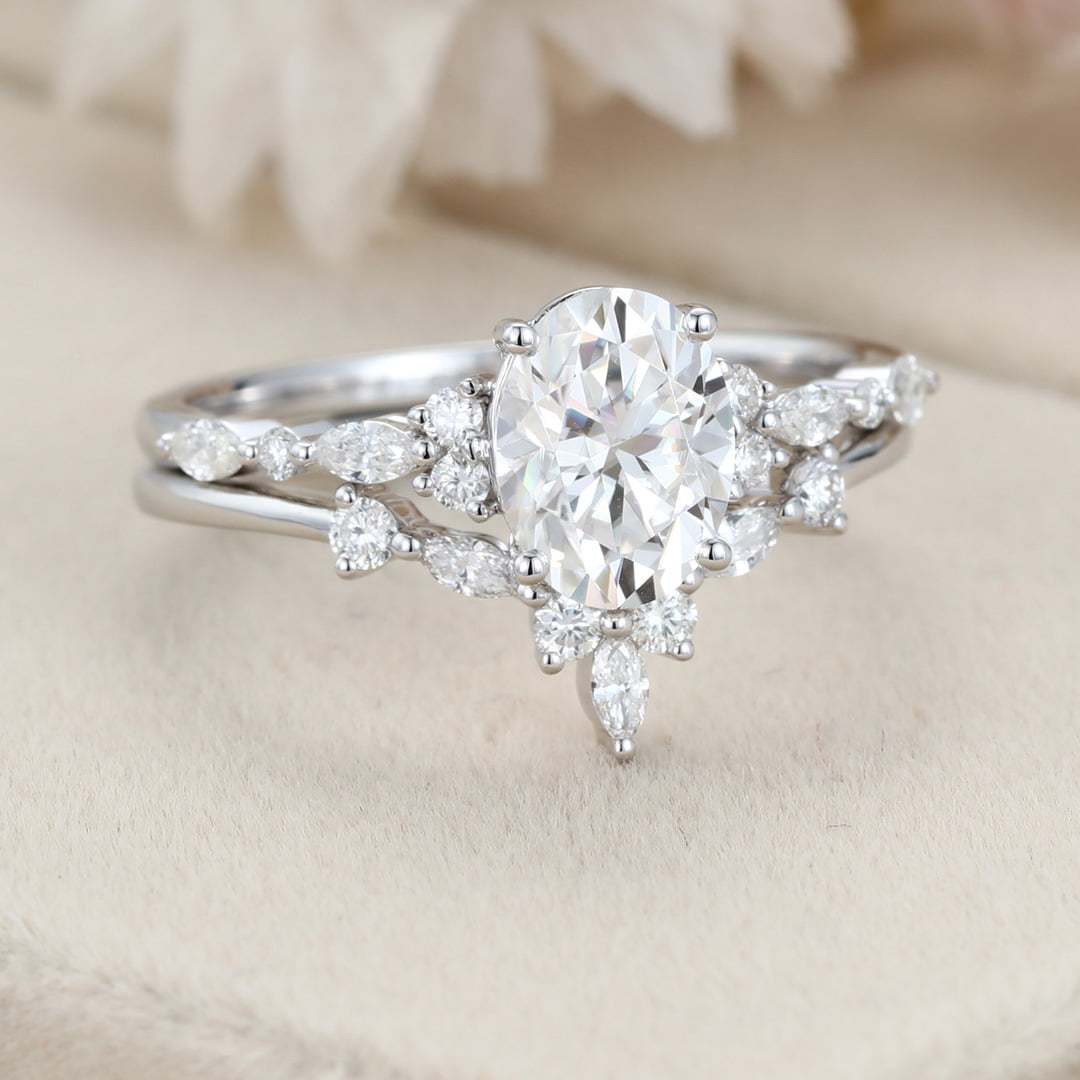 Unique Oval moissanite engagement ring set White gold engagement ring Vintage marquise cluster diamond ring Bridal Promise Anniversary