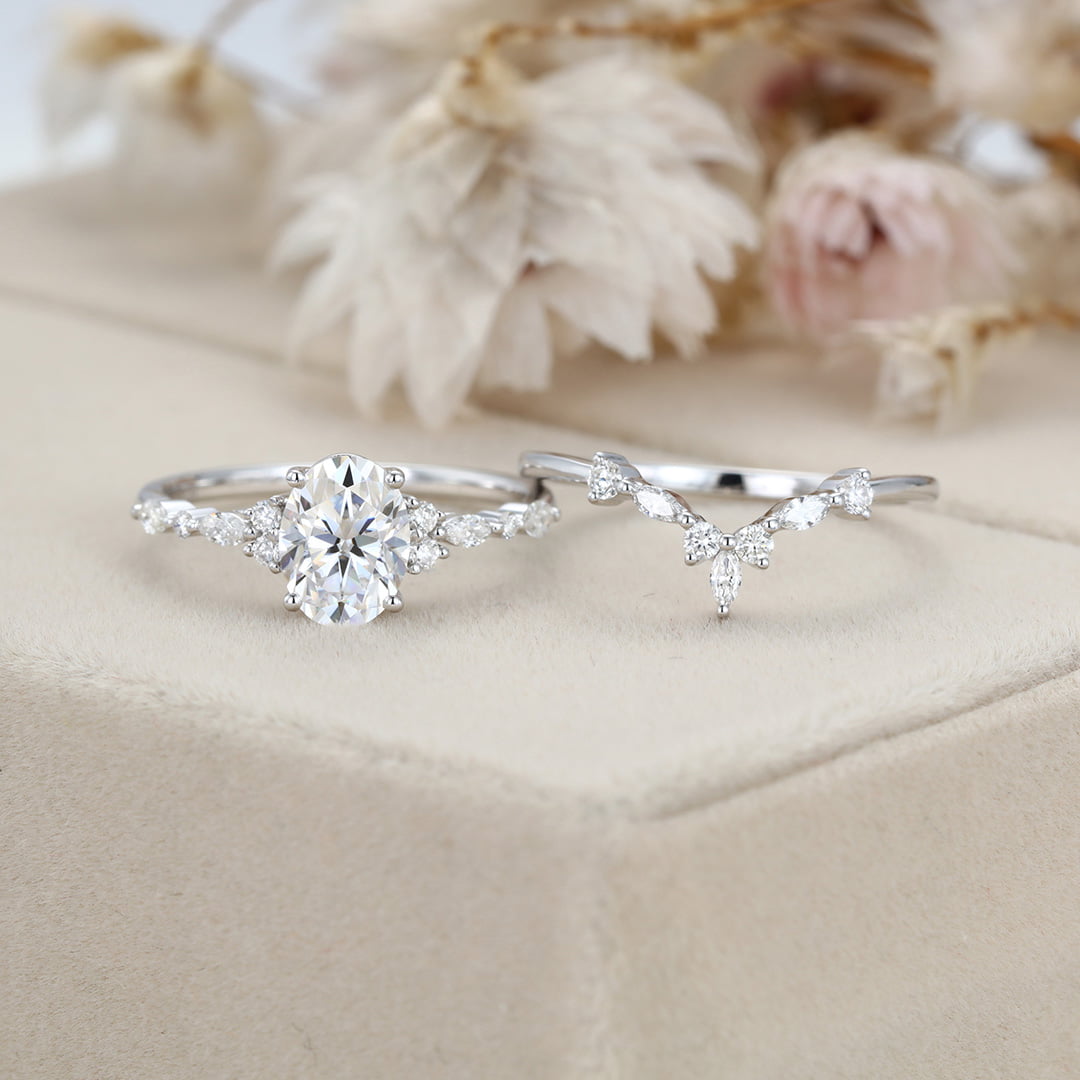 Unique Oval moissanite engagement ring set White gold engagement ring Vintage marquise cluster diamond ring Bridal Promise Anniversary