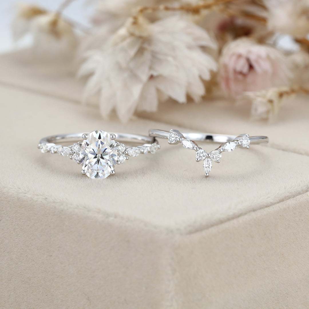 Unique Oval moissanite engagement ring set White gold engagement ring Vintage marquise cluster diamond ring Bridal Promise Anniversary