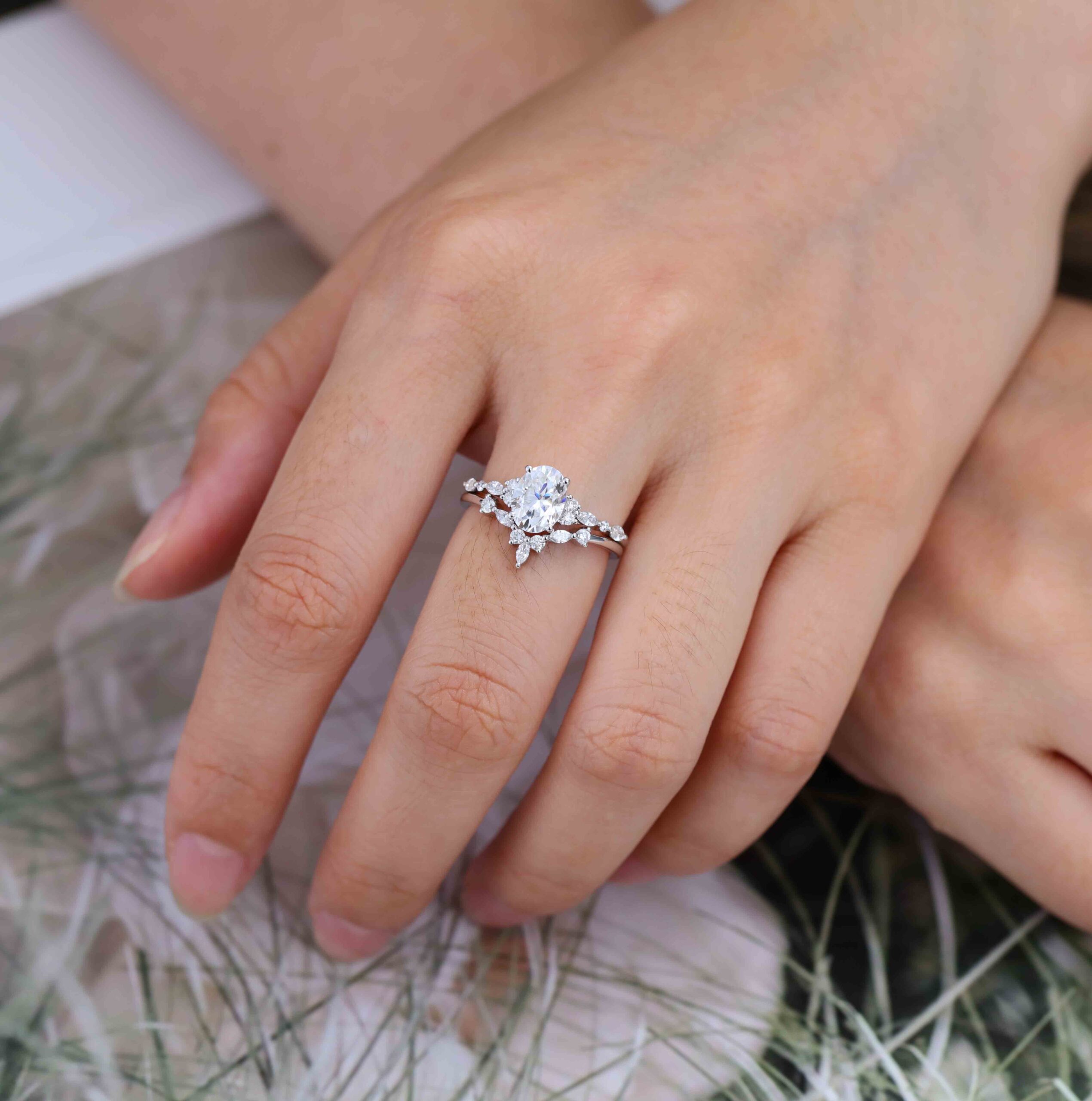 Unique Oval moissanite engagement ring set White gold engagement ring Vintage marquise cluster diamond ring Bridal Promise Anniversary
