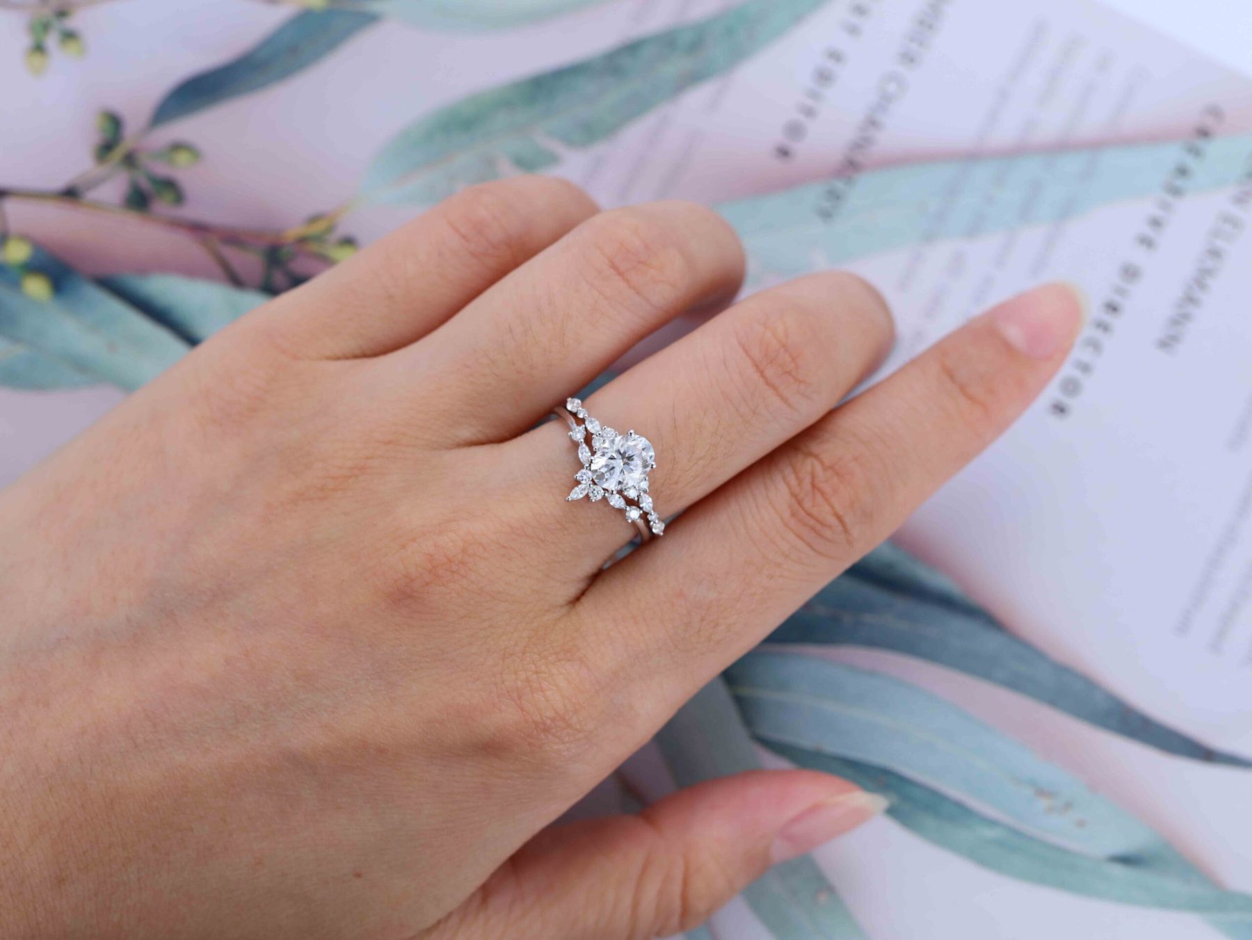 Unique Oval moissanite engagement ring set White gold engagement ring Vintage marquise cluster diamond ring Bridal Promise Anniversary
