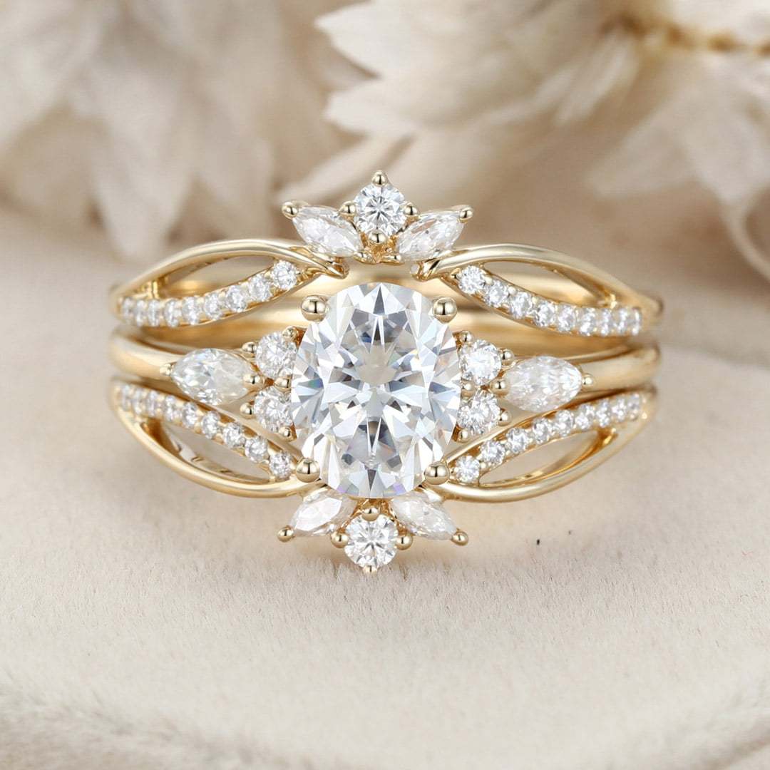 Unique Oval moissanite engagement ring set Yellow gold double wedding ring vintage marquise cluster diamond ring Bridal Promise Anniversary
