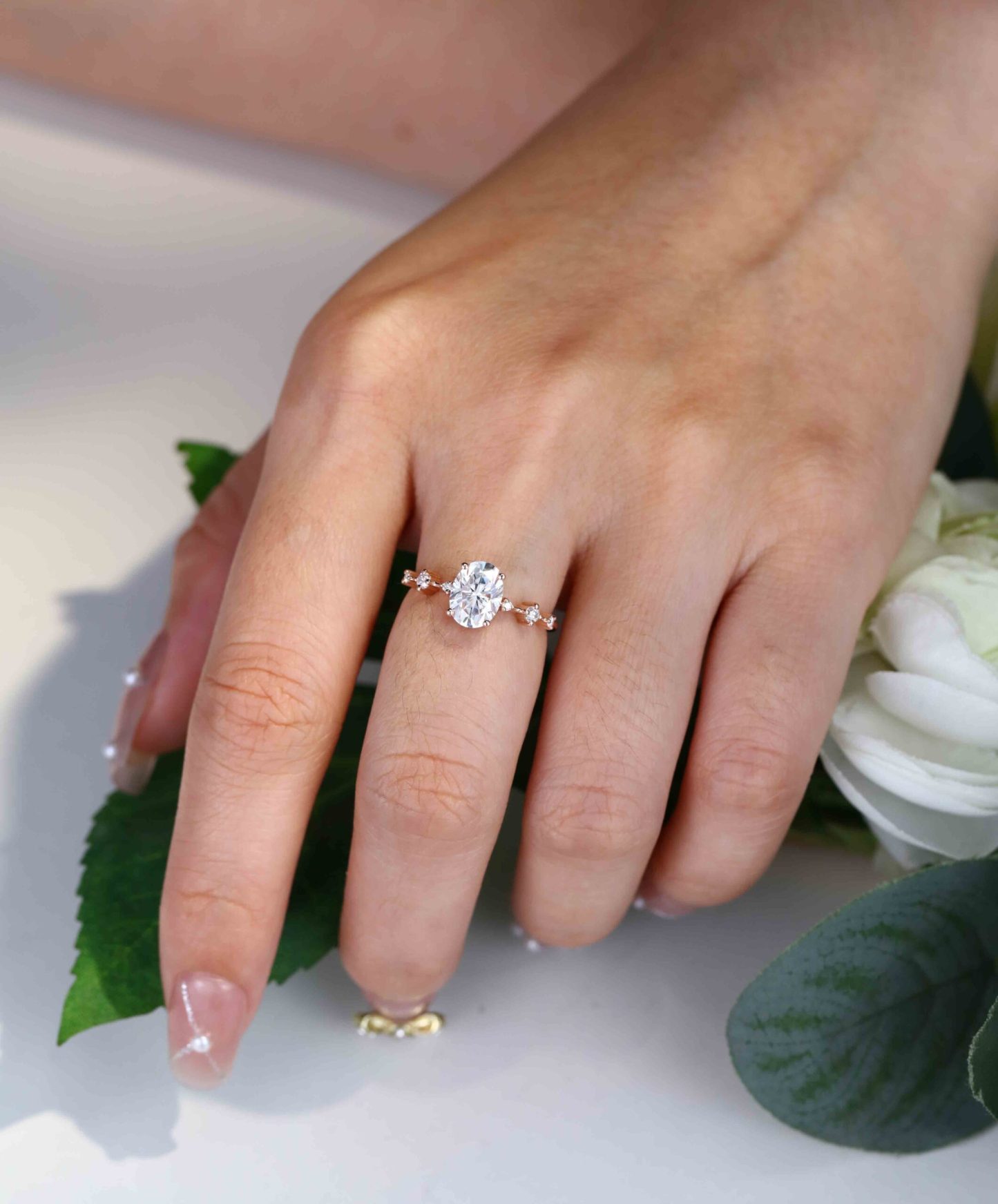 1.5 Carat Oval Moissanite Bridal Promise Ring In 14K Rose Gold