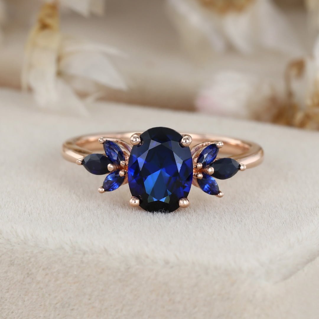 Unique Oval shape engagement ring Lab Blue sapphire engagement ring vintage rose gold ring Marquise wedding ring Bridal anniversary gift