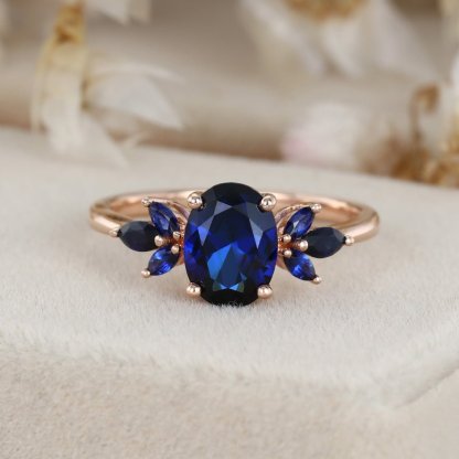 Unique Oval shape engagement ring Lab Blue sapphire engagement ring vintage rose gold ring Marquise wedding ring Bridal anniversary gift