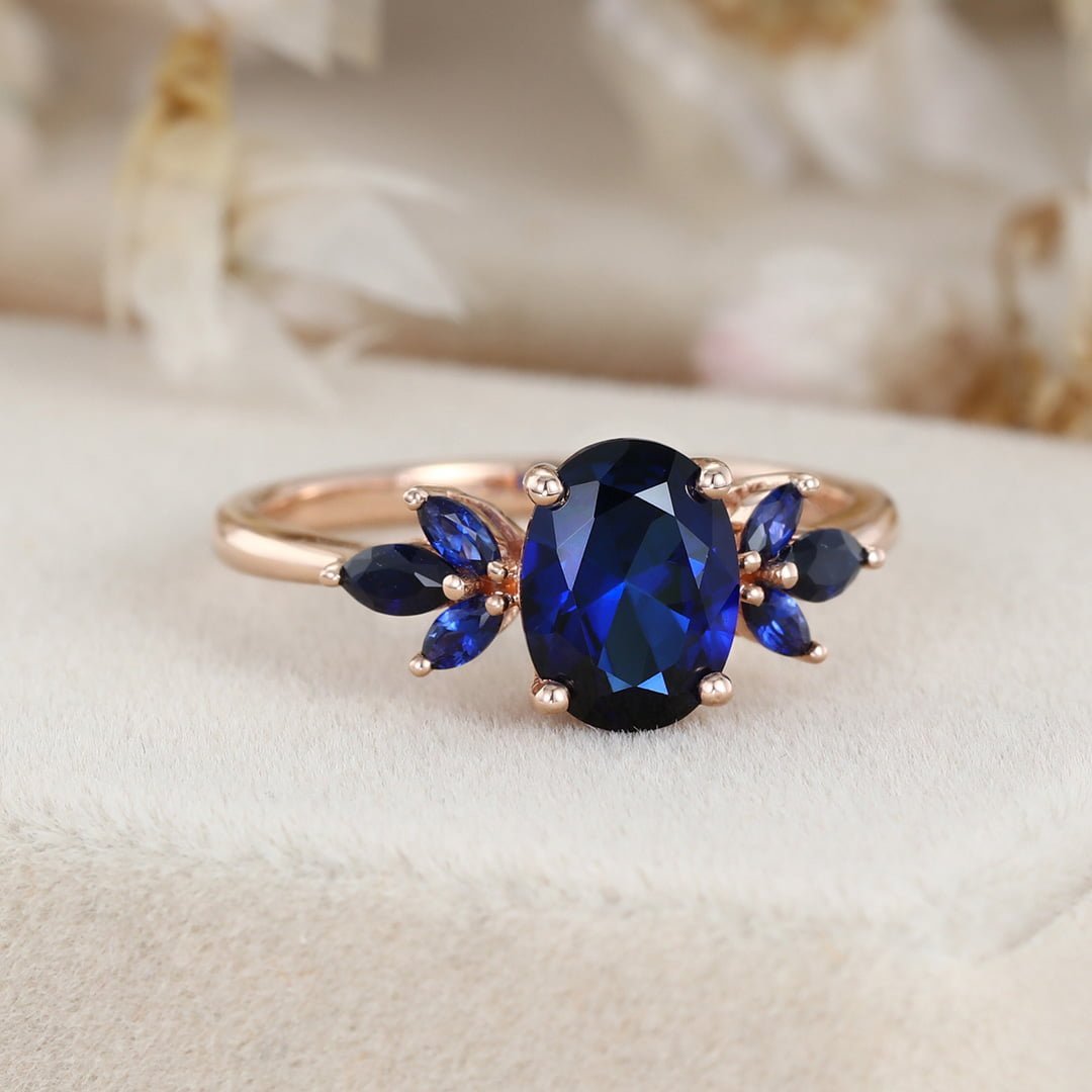 Unique Oval shape engagement ring Lab Blue sapphire engagement ring vintage rose gold ring Marquise wedding ring Bridal anniversary gift