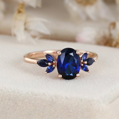 Unique Oval shape engagement ring Lab Blue sapphire engagement ring vintage rose gold ring Marquise wedding ring Bridal anniversary gift