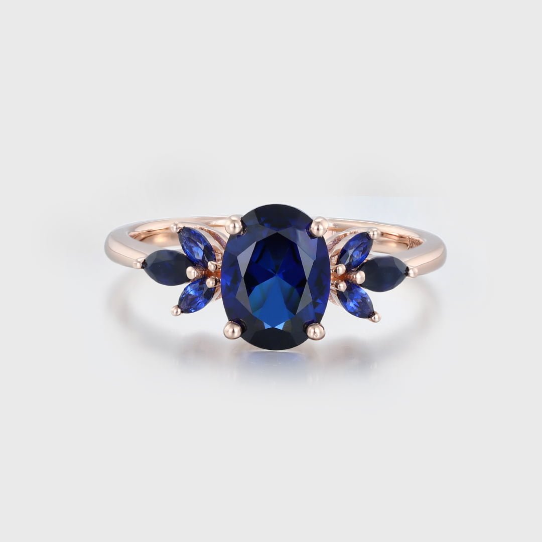 Unique Oval shape engagement ring Lab Blue sapphire engagement ring vintage rose gold ring Marquise wedding ring Bridal anniversary gift