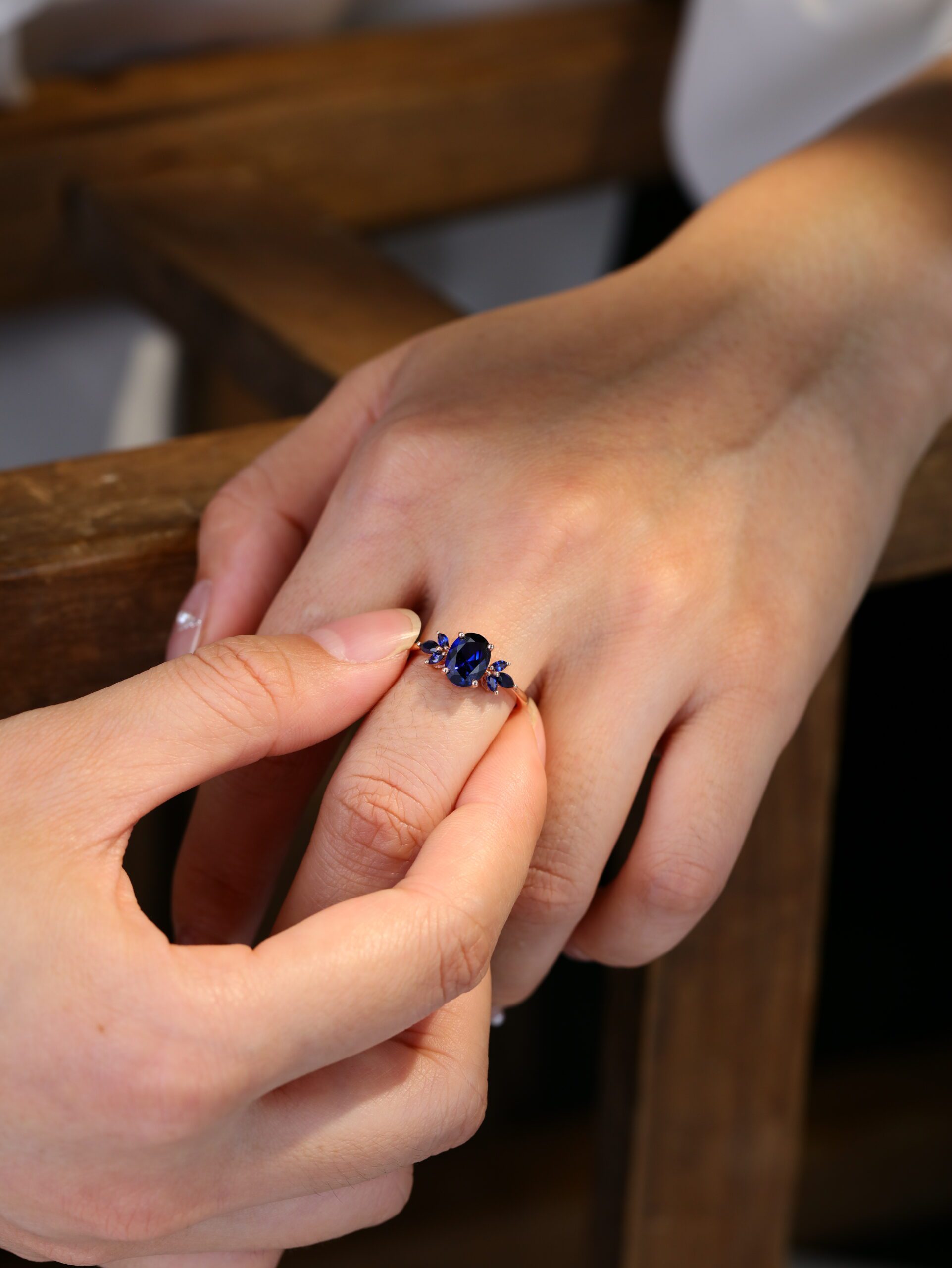 Unique Oval shape engagement ring Lab Blue sapphire engagement ring vintage rose gold ring Marquise wedding ring Bridal anniversary gift