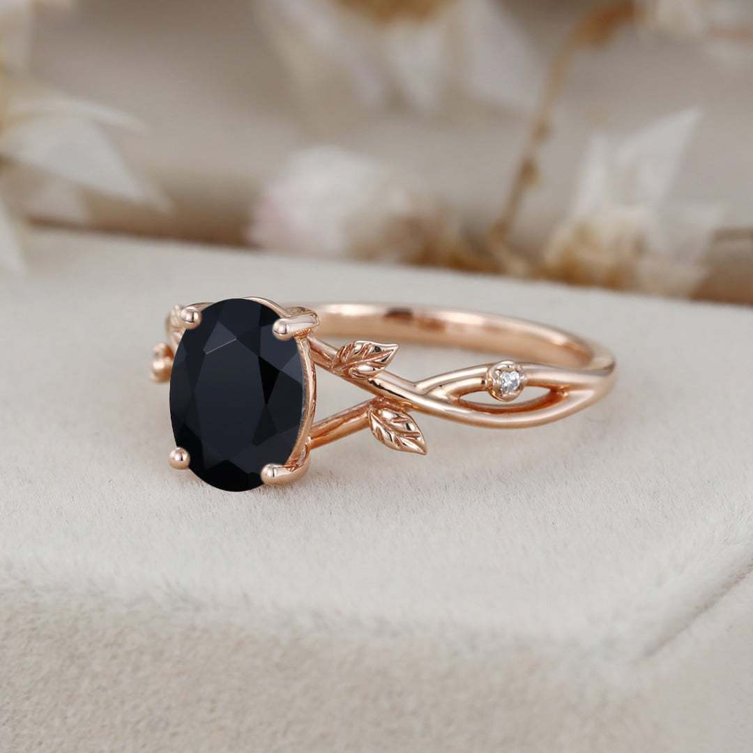 Unique Oval shaped Black Onyx Engagement Ring Vintage Leaf Promise Ring Dainty Twig Branch Ring14K Rose Gold Moss Agate Wedding Ring