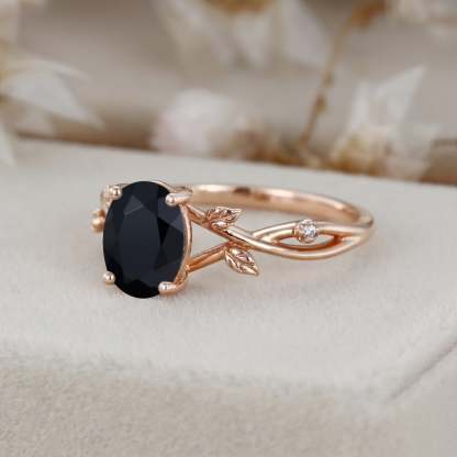 Unique Oval shaped Black Onyx Engagement Ring Vintage Leaf Promise Ring Dainty Twig Branch Ring14K Rose Gold Moss Agate Wedding Ring