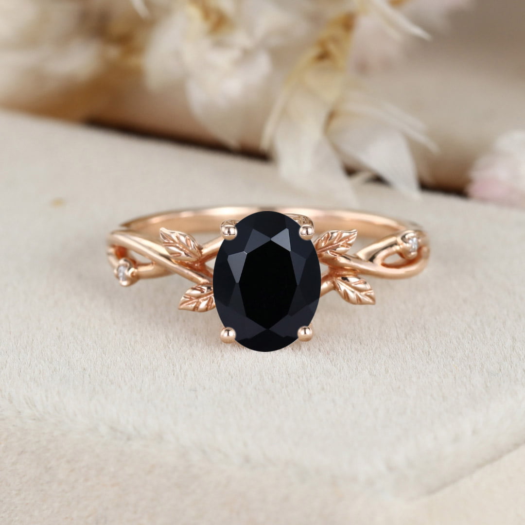 Unique Oval shaped Black Onyx Engagement Ring Vintage Leaf Promise Ring Dainty Twig Branch Ring14K Rose Gold Moss Agate Wedding Ring