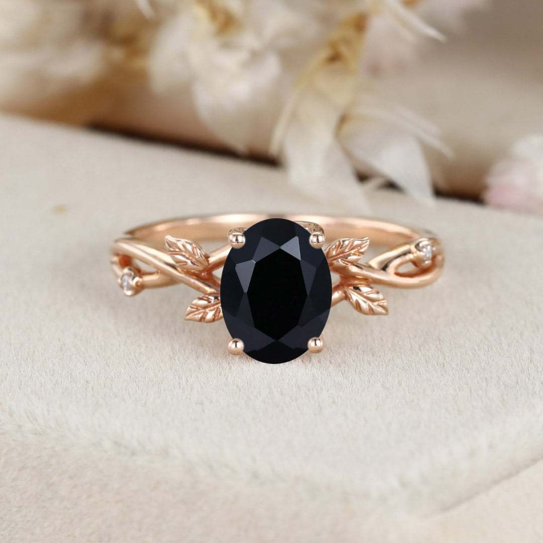Unique Oval shaped Black Onyx Engagement Ring Vintage Leaf Promise Ring Dainty Twig Branch Ring14K Rose Gold Moss Agate Wedding Ring
