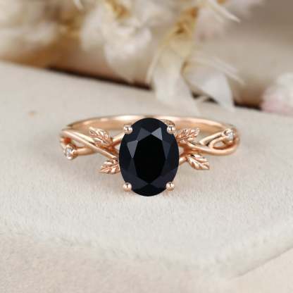 Unique Oval shaped Black Onyx Engagement Ring Vintage Leaf Promise Ring Dainty Twig Branch Ring14K Rose Gold Moss Agate Wedding Ring