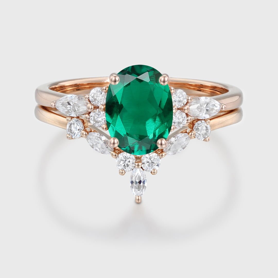 Unique Oval shaped Lab Emerald engagement ring set 14K Rose gold Moissanite engagement ring Diamond wedding Bridal Promise Anniversary gift
