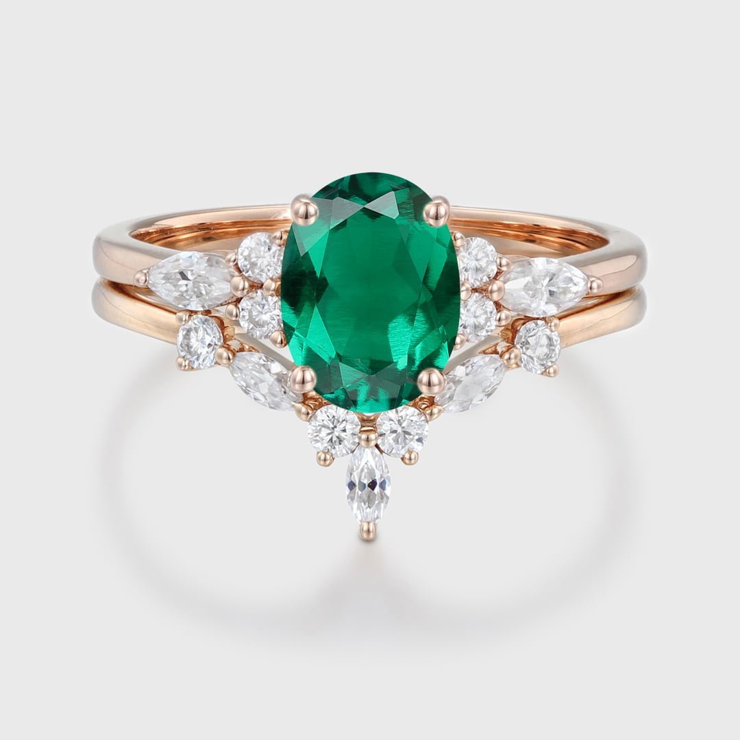 Unique Oval shaped Lab Emerald engagement ring set 14K Rose gold Moissanite engagement ring Diamond wedding Bridal Promise Anniversary gift