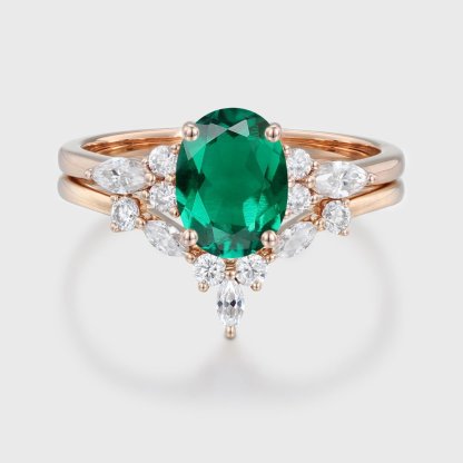 Unique Oval shaped Lab Emerald engagement ring set 14K Rose gold Moissanite engagement ring Diamond wedding Bridal Promise Anniversary gift