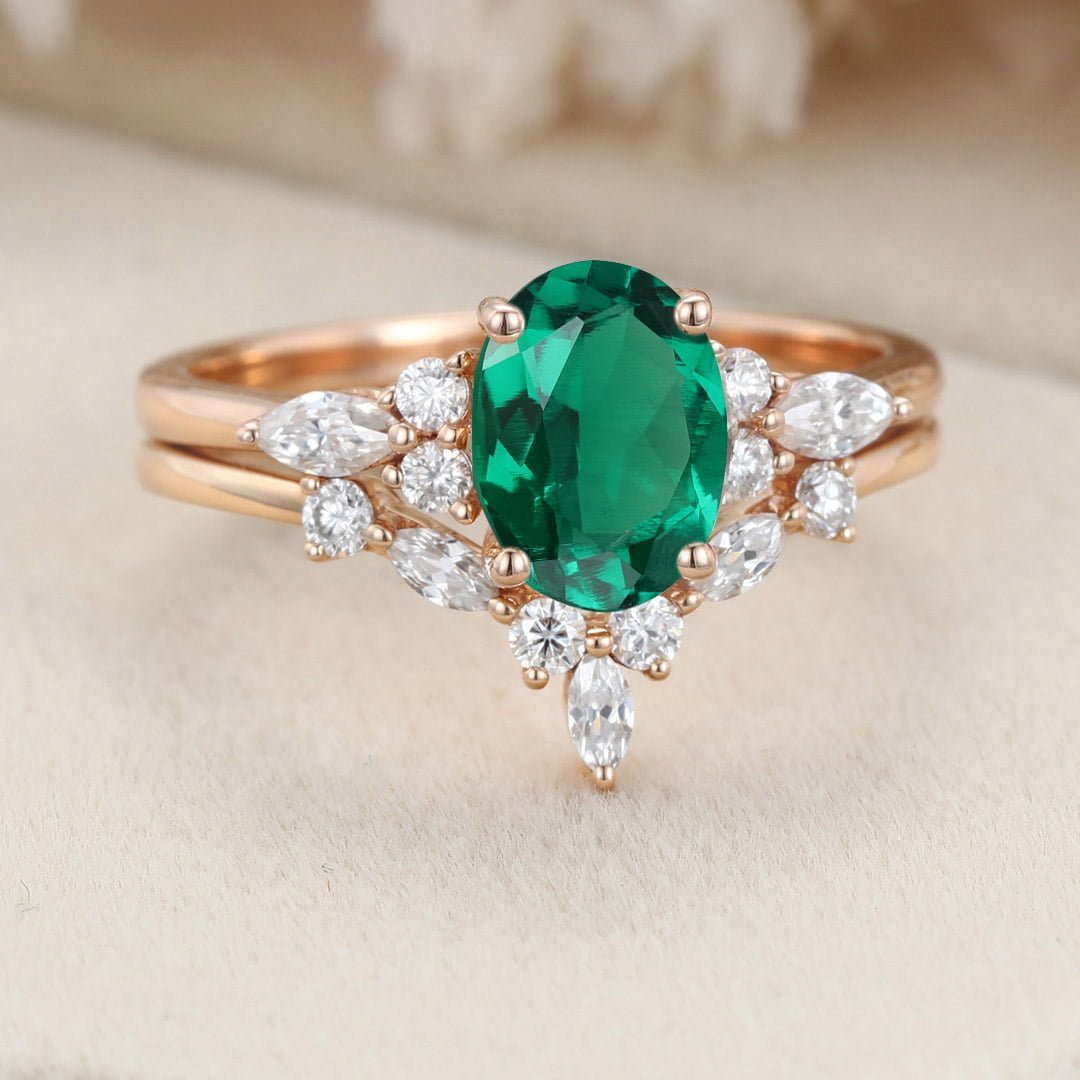 Unique Oval shaped Lab Emerald engagement ring set 14K Rose gold Moissanite engagement ring Diamond wedding Bridal Promise Anniversary gift